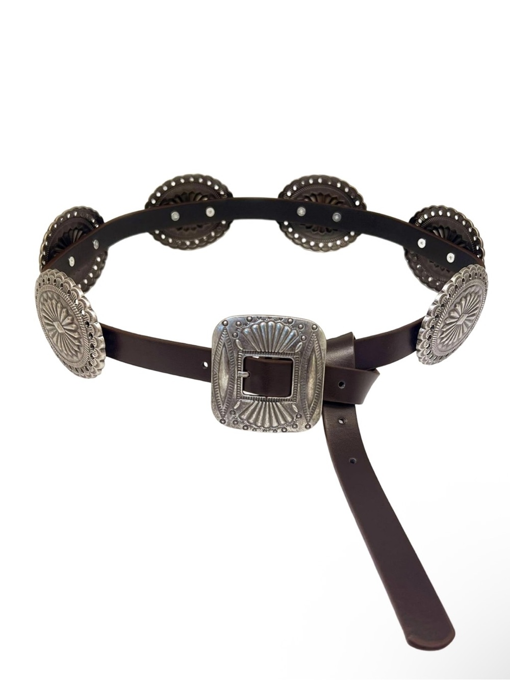 Brown  Vegan Leather Western Concho Belt with Silver-Tone Buckle